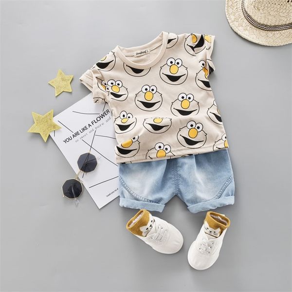 Baby-Kleidungsset für Kinder, niedlicher Sommeranzug, T-Shirt, Jeans-Shorts, Cartoon-Kind-Outwear, 1, 2, 3, 4 Jahre, Baumwoll-Outfits, Khaki, Rot, 220620