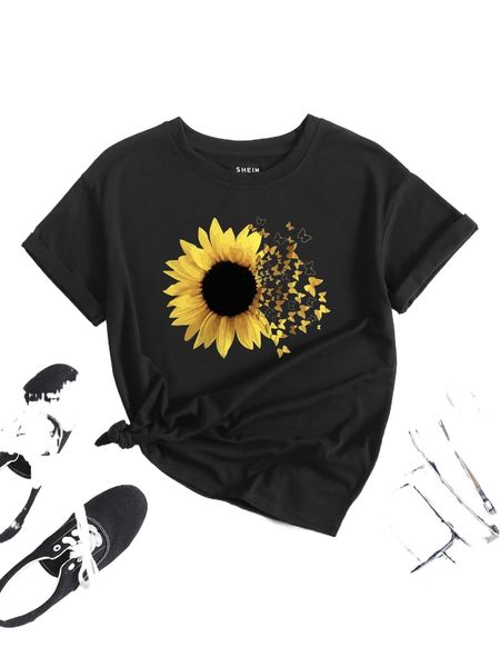 

sunflower and butterfly print tee 21af#, White