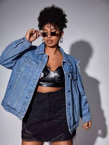 

sxy plus collared ripped denim jacket v7ym#, Black;brown