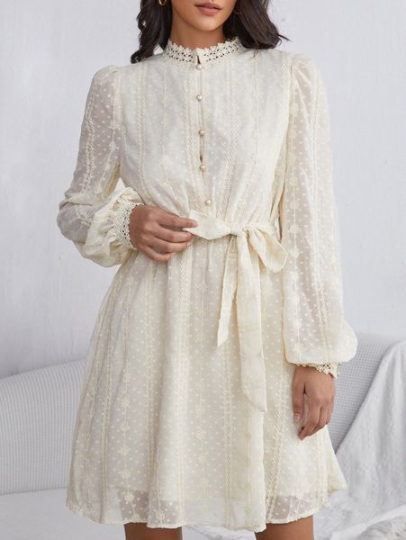 

lace trim lantern sleeve belted dress o435#, Black;gray