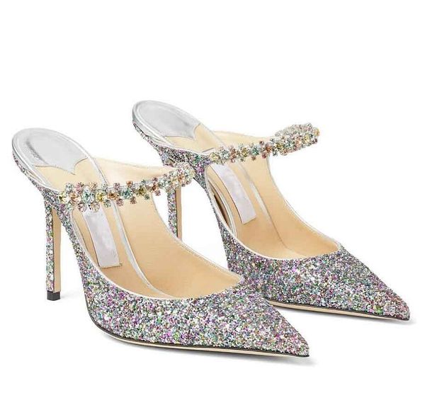 Eleganti sandali da sposa Bing Scarpe in pelle glitterata con cinturino in cristallo Pantofole a punta da donna Tacchi alti sexy da sposa da donna EU35-43