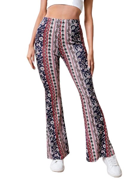 

high waist floral print flare leg pants p9c9#, Black;white