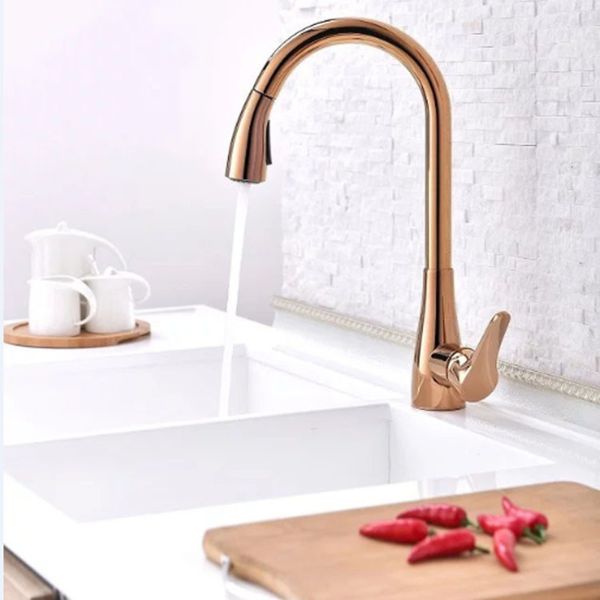 

pull-out kitchen tap solid brass rose golden surface single hanle 1 hole water mixer faucet deck mounted