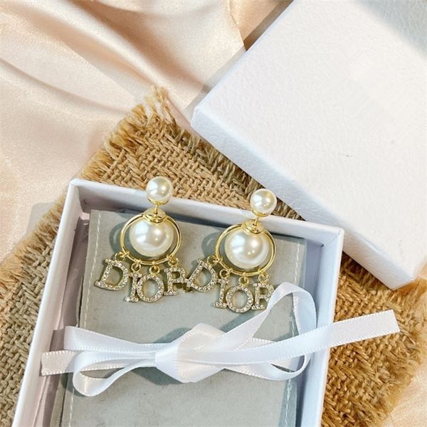 

70% off jewelry sales new letter size pearl circle diamond tassel brass rear hanging high version earrings, Golden