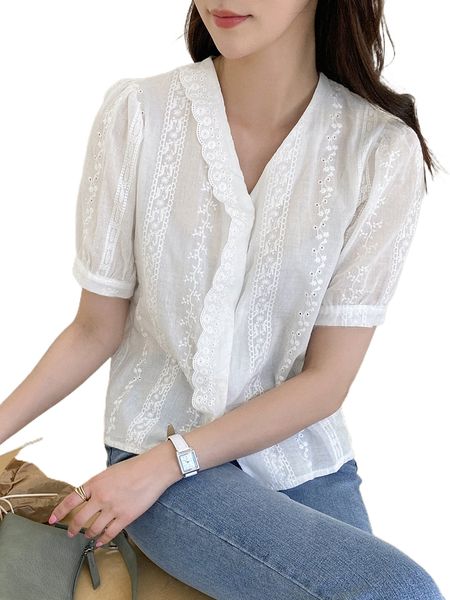 

dazy puff sleeve eyelet embroidered scallop trim blouse k1ny#, White