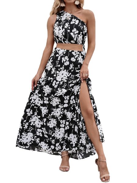 

floral print one shoulder & split thigh ruffle hem skirt r7ty#, White