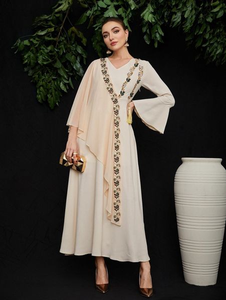 

appliques tassel detail contrast chiffon flounce sleeve a-line dress y82a#, Black;gray