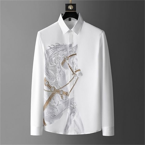 

rhinestones shirts mens luxury diamond men's shirt long mouw slim casual shirt black animal horse shirt social camisa hombre 220401, White;black