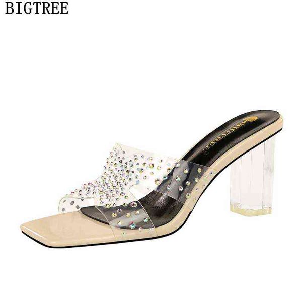 

square toe heels slippers women summer 2022 pumps woman high ladies talon transparente220513, Black