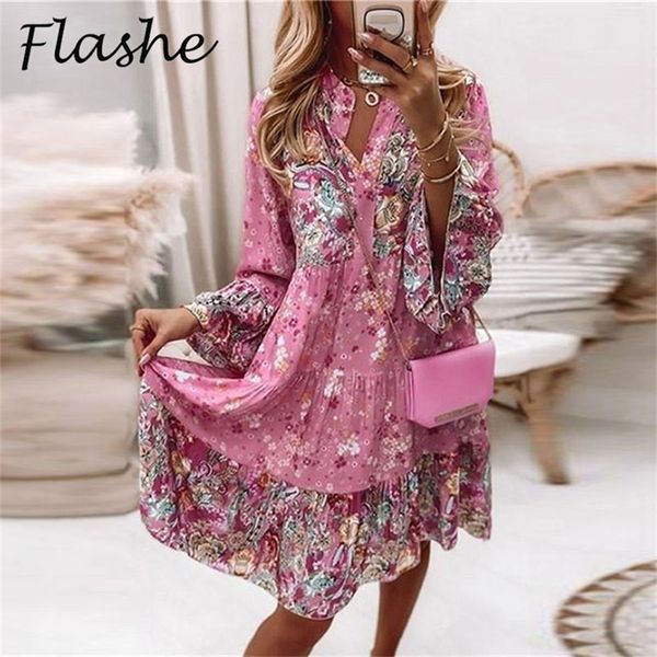

elegant retro floral print flare sleeve mini dress women spring summer ruffle loose party casual v neck beach 220613, Black;gray