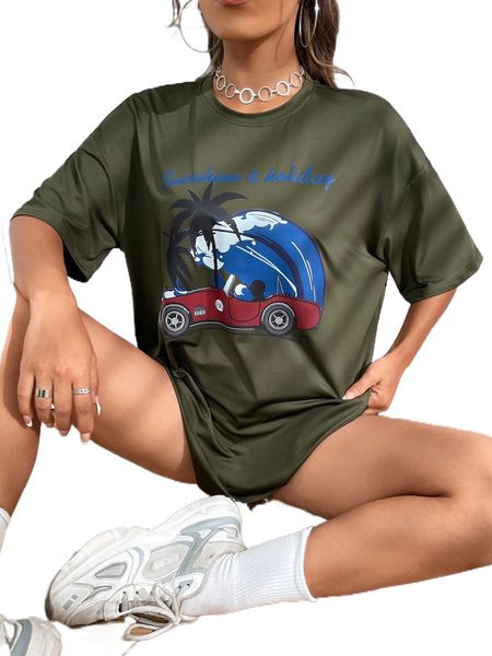 

car & palm tree print drop shoulder tee v2ma#, White