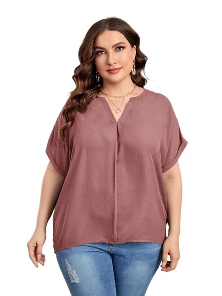 

plus notched neck batwing sleeve roll cuff blouse x2eq#, Black