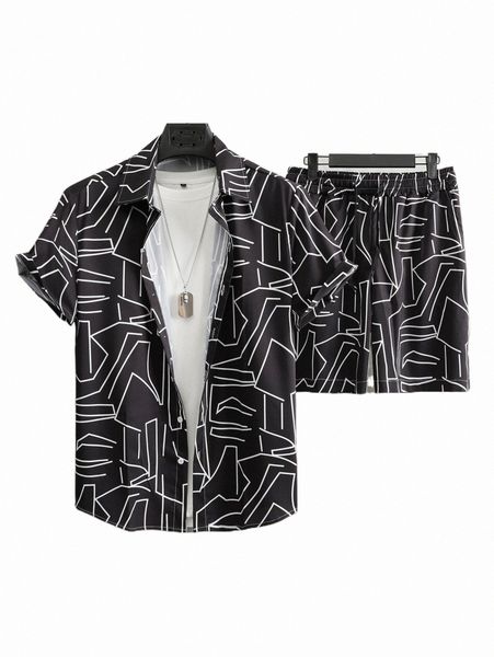 

men geo print shirt & shorts without tee p77n#, Gray