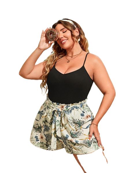 

plus solid cami & tropical print paper bag waist belted shorts l7bu#, Black