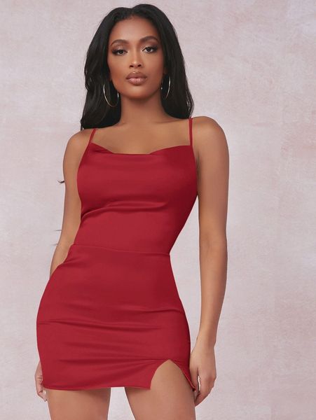 

sxy split detail satin cami dress r8tg#, Black;gray