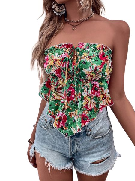 

floral print tie front hanky hem tube 73fl#, White