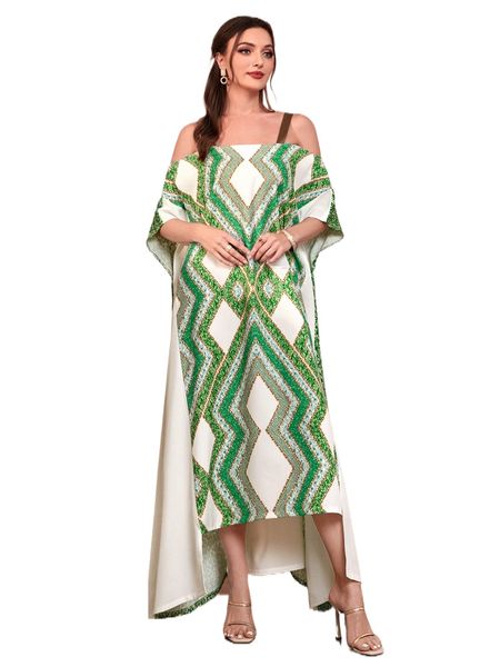 

geo print cold shoulder dolman sleeve asymmetrical hem dress t7ky#, Black;gray