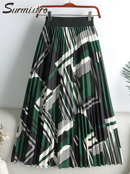 

surmiitro trend spring summer women korean fashion geometric aesthetic high waist midi long pleated a line skirt female 220518, Black