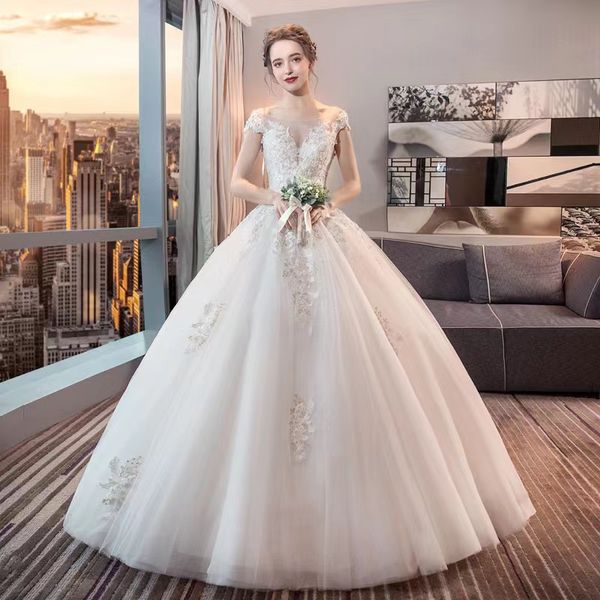 

boat neck wedding dress for women 2022 bride korean version european and american princess dresses thin simple pluse size bridal gowns, White