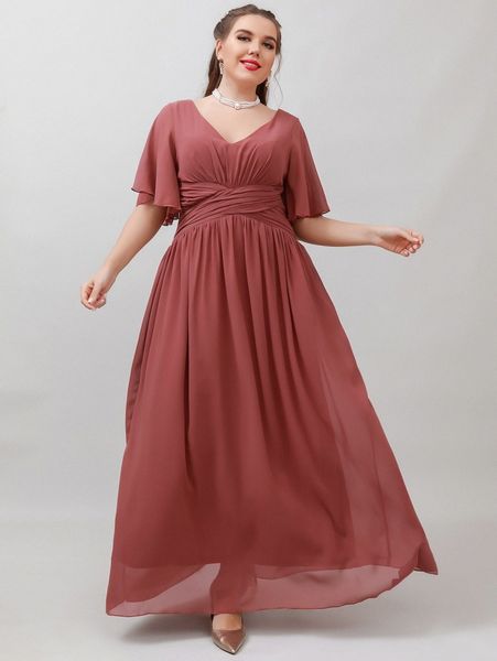 

plus butterfly sleeve ruched chiffon prom dress l855#, Black