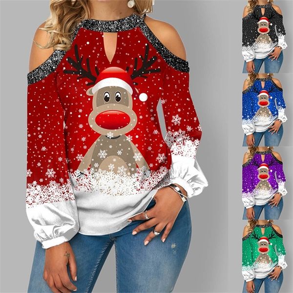 Plus Size Christmas Imprimir O-pescoço Off-the-Should Stitching Top de manga comprida T-shirt Lanterna Sleeves Ladies Streetwear 220321