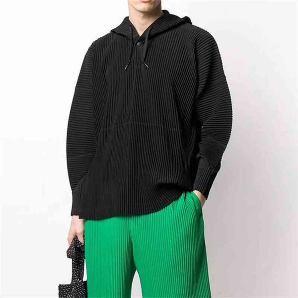 

miyake pleated coat loose one buttoned pullover casual sweatshirt, Black