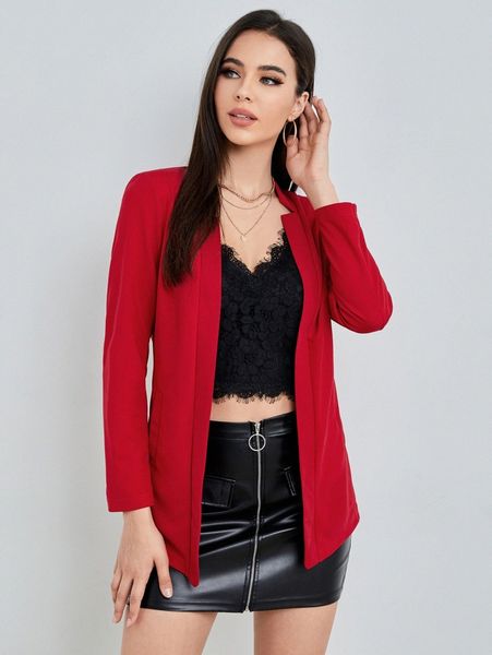 

solid notched open front blazer o56c#, White