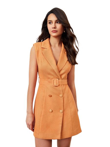 

double breasted sleeveless belted tweed blazer dress y497#, White