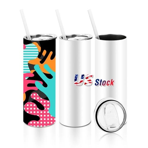 

us stock 20oz sublimation blank white straight tumblers 304 stainless steel insulted water bottle cups with lid and straw 50pcs/carton