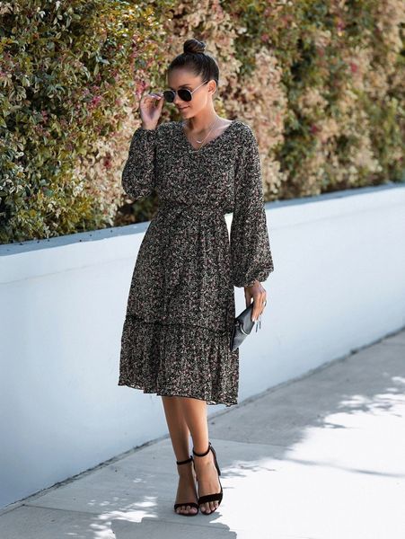 

ditsy floral lantern sleeve belted dress y9op#, Black;gray