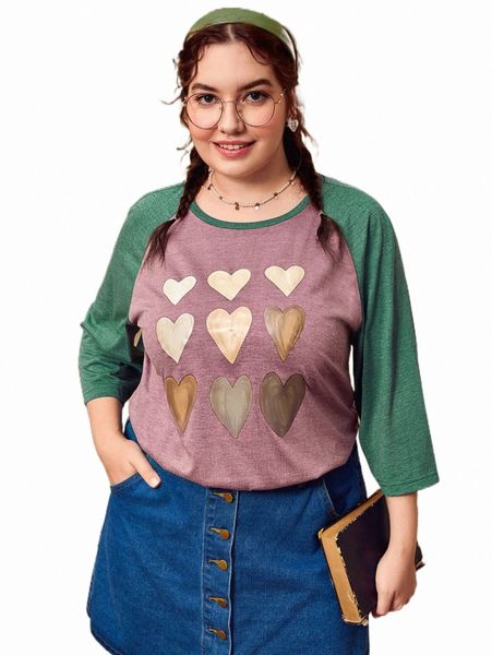 

plus heart print raglan sleeve tee n3v4#, Black