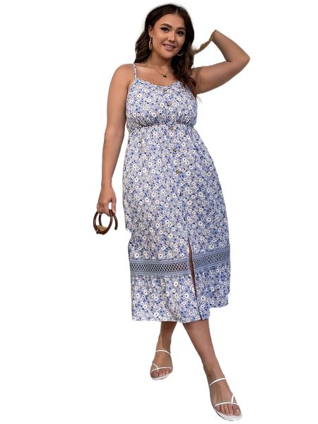 

plus floral print guipure lace panel split hem cami dress h9y1#, Black