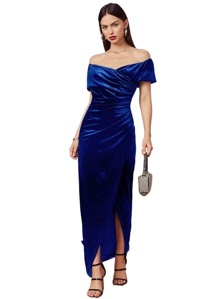 

off shoulder wrap ruched detail velvet dress v0jq#, Black;gray