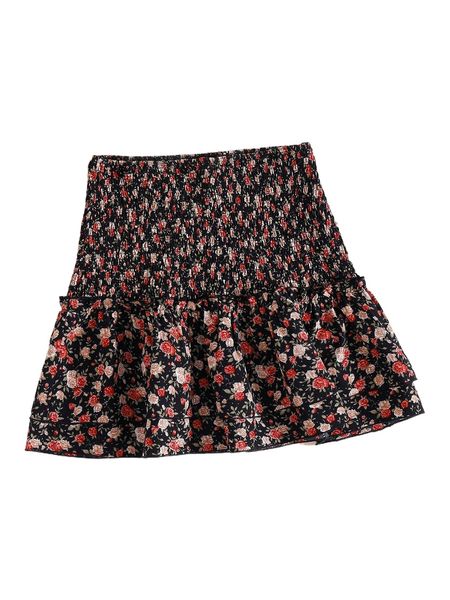 

shirred waist ditsy floral skirt s8vi#, Black