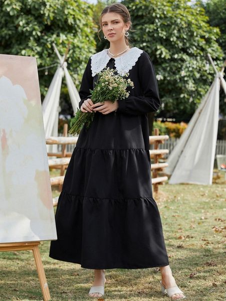 

half button sailor collar tie back smock dress 70kj#, Black;gray