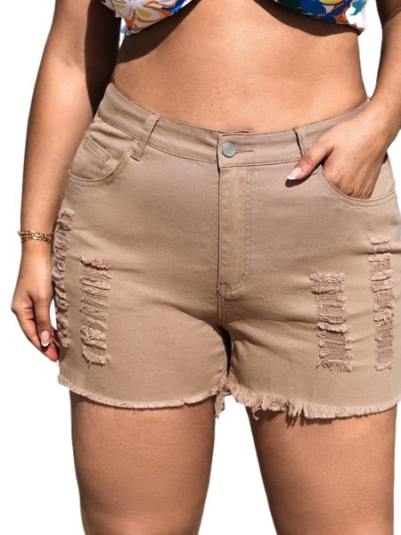 

plus ripped raw hem pocket denim shorts b1tw#, White;black