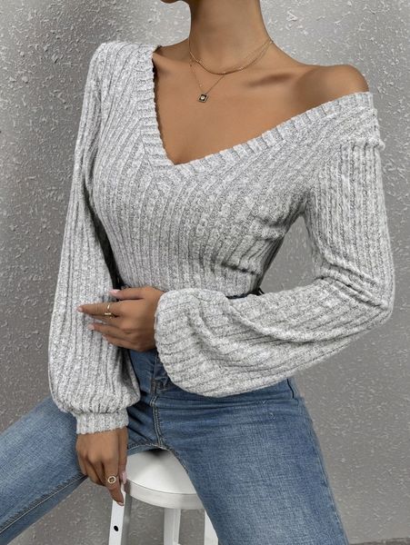 

solid lantern sleeve v neck rib-knit tee i6d2#, White