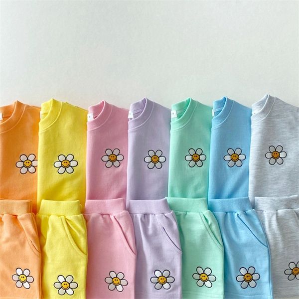 

summer girls clothes set flower short sleeve sweatshirts shorts 2pcs baby sports suit 15 years kids toddler boy outfit 220617, White