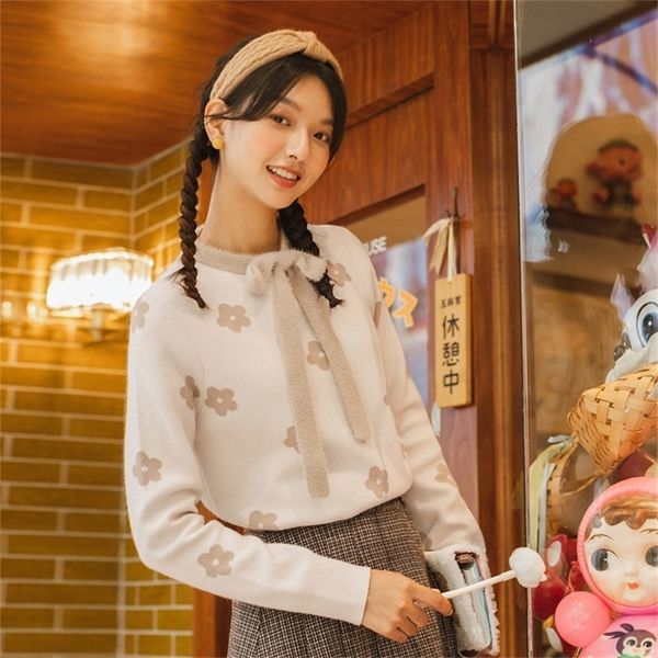 

inman winter arrivals bow ribbon young cute flower pullover girl sweet women's sweater 201222, White;black