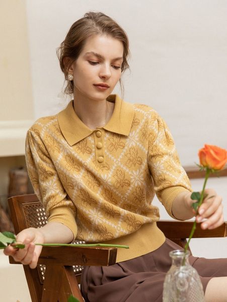 

simple retro floral contrast collar button front sweater h1gv#, White;black