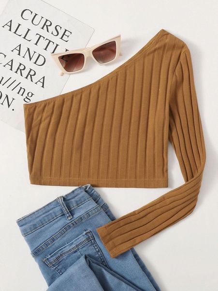

one shoulder rib-knit crop 68do#, White