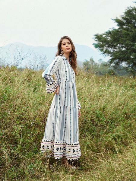 

flounce sleeve geo print smock dress 43sd#, Black;gray