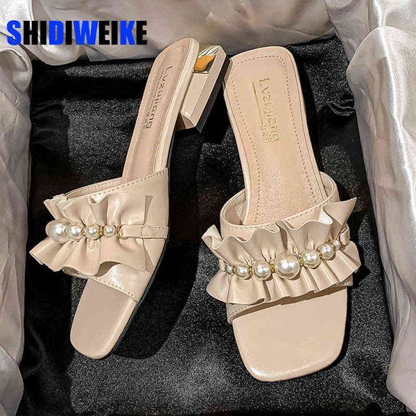 

slippers summer women's sandals fashion designer outdoor slippers with low heel shoes for women pearl trend leisure mules ad1155 220427, Black