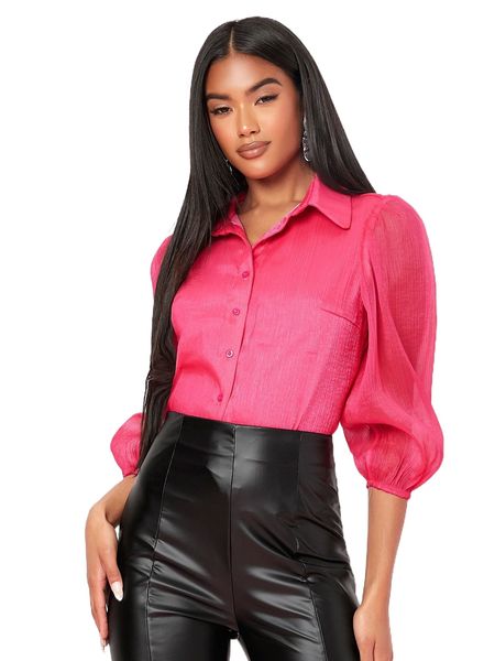 

sheer lantern sleeve single breasted blouse k8jt#, White