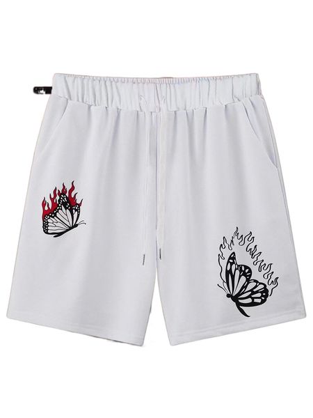 

men butterfly print drawstring waist shorts i09o#, White;black