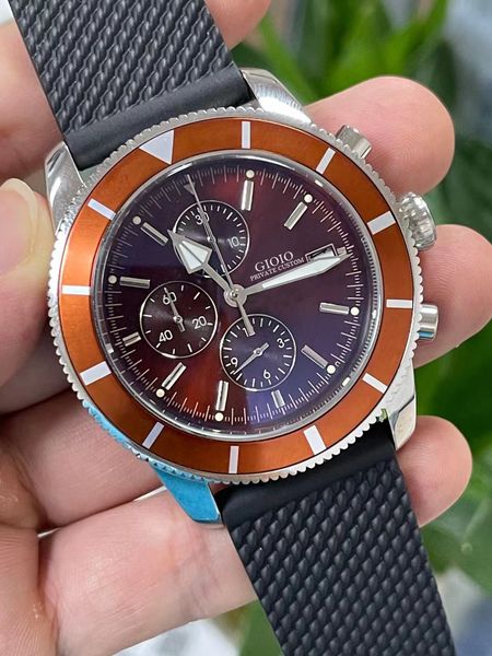 

black blue rubber superocean mens watch ceramic quartz chronograph, Slivery;brown