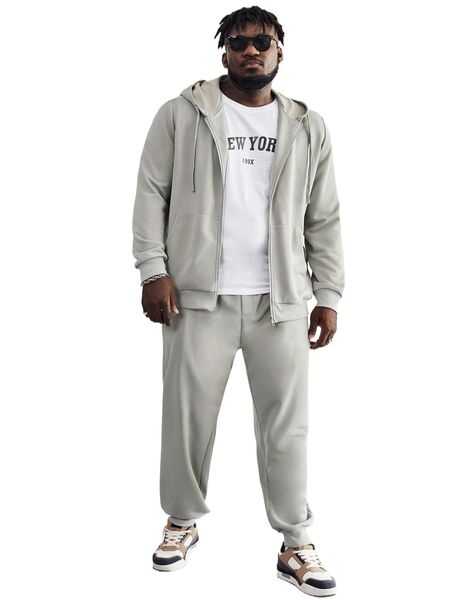 

extended sizes men zip up drawstring hoodie & sweatpants 44lx#, Gray