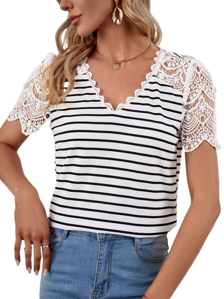 

striped contrast guipure lace tee v4ye#, White