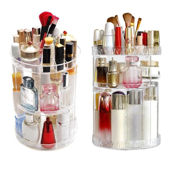 Aufbewahrungsboxen, Behälter, Kunststoff, durchsichtig, rotierender Make-up-Organizer, 3-stufiger Acryl-Kosmetikkoffer, Hautpflege-Display, drehbares Rack