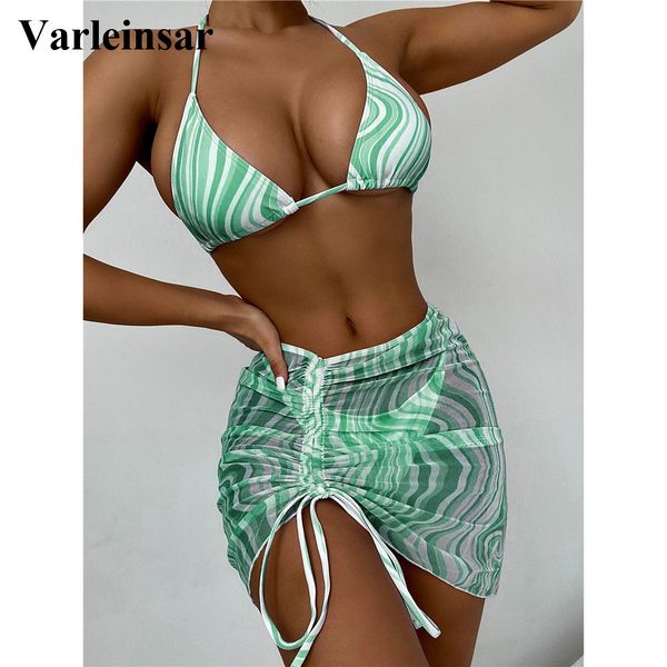 

striped halter brazilian bikini female swimsuit women swimwear three-pieces bikini set with skirt bather bathing suit swim v3161, White;black